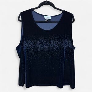 Plus-Size Navy Carán New York Velvet Tank Top with Beaded Floral Design